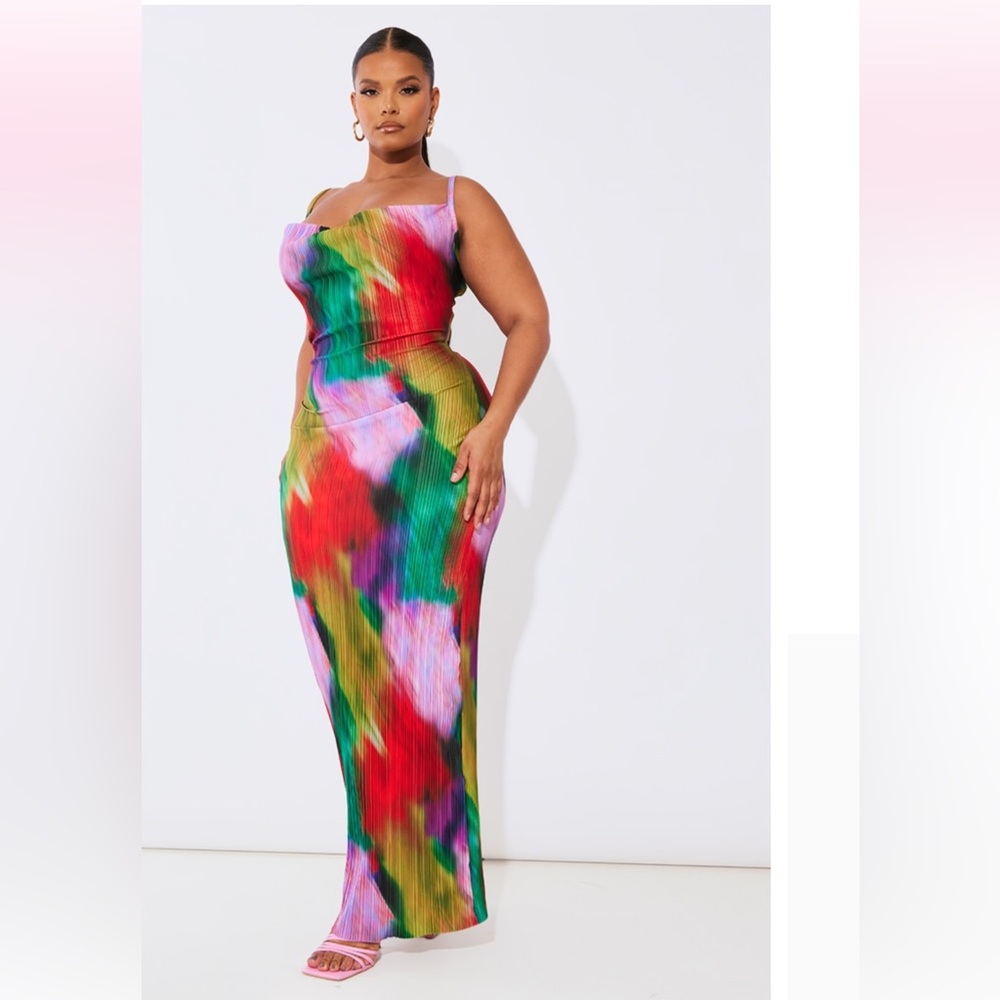Plus Multi Printed Plisse Cowl Neck Maxi Dress